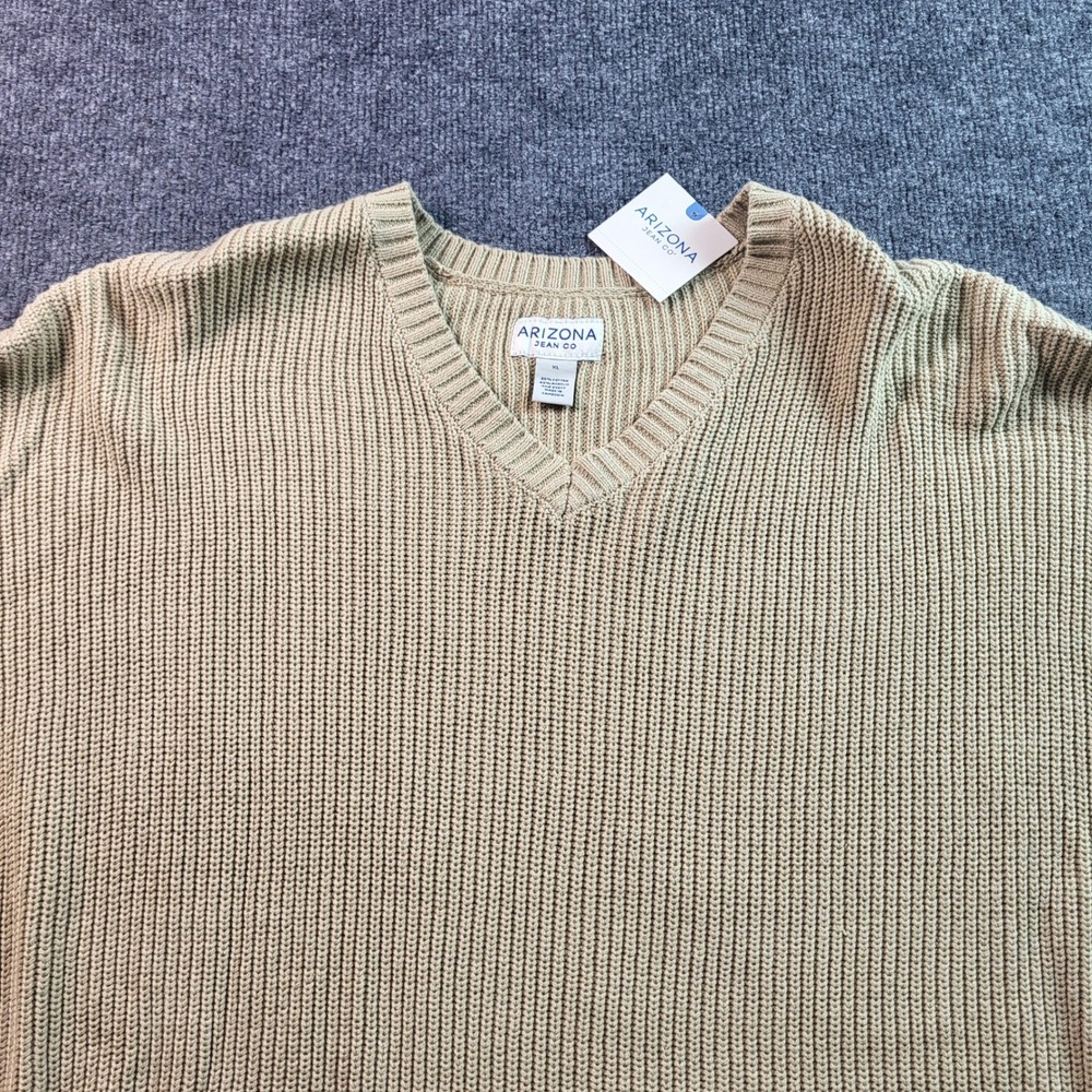 Arizona Jean Co. Womens XL V Neck Knit Sweater Beige Cotton Blend Long Sleeve‎